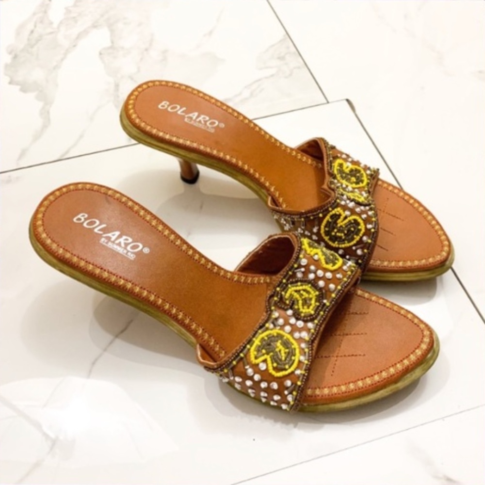 Bolaro Beaded Tan and Yellow Strap Heels